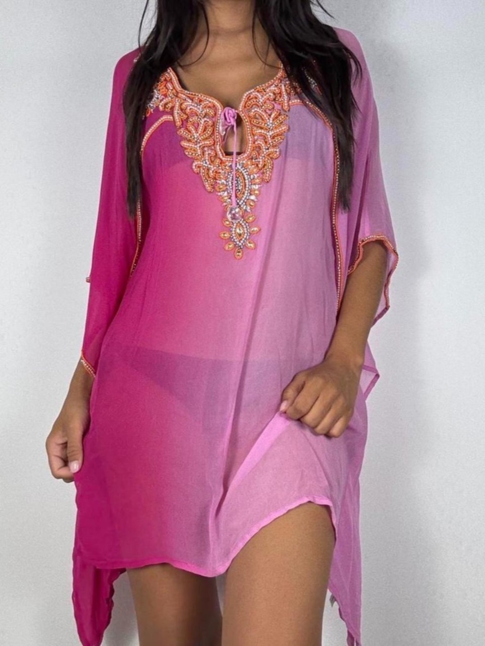 Y2k PINK OMBRÉ SHEER EMBELLISHED ASYMMETRICAL DRESS